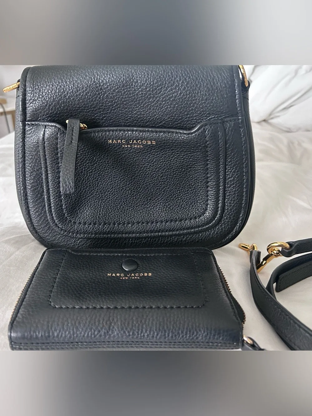 Marc Jacobs Black Pebbled Crossbody Shoulder Bag and matching wrist wallet